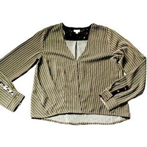 Hem & Thread Striped Long Sleeve Surplice V-Neck Blouse Sz L Olive Green 44G